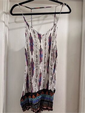 Bohemian Printed Spaghetti Strap Women’s Romper- White with Multi-Color Accents